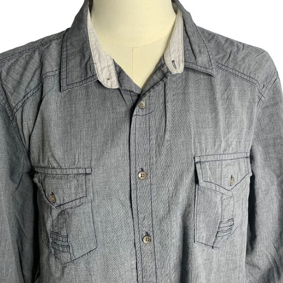 Route 66 Button Up Long Sleeve Shirt XL Grey Roll Tab Chest Pockets Cotton - Picture 2 of 7